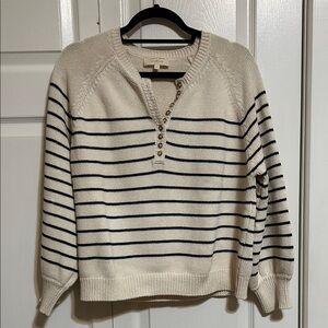 Sezane Striped Henley Pullover Sweater in Cream and Navy